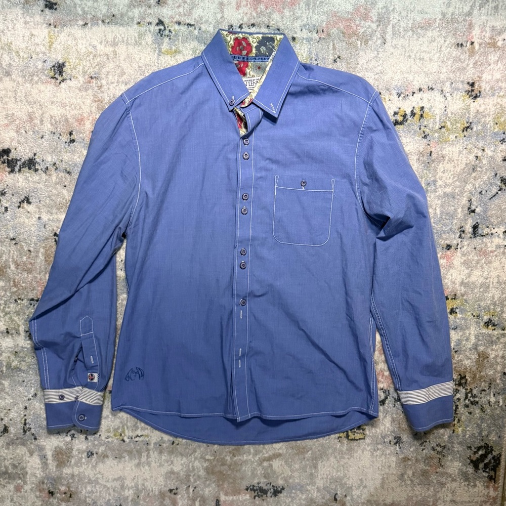 John Lennon Art Inspired Button Up Shirt Mens Large Blue Floral Hidden Placke